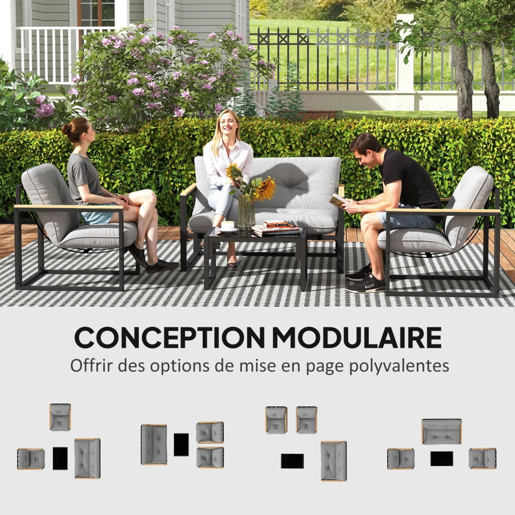 Set da giardino 4 posti con divano, 2 poltrone e tavolino in vetro temperato, cuscini inclusi ¨C zephmum ¨C grigio