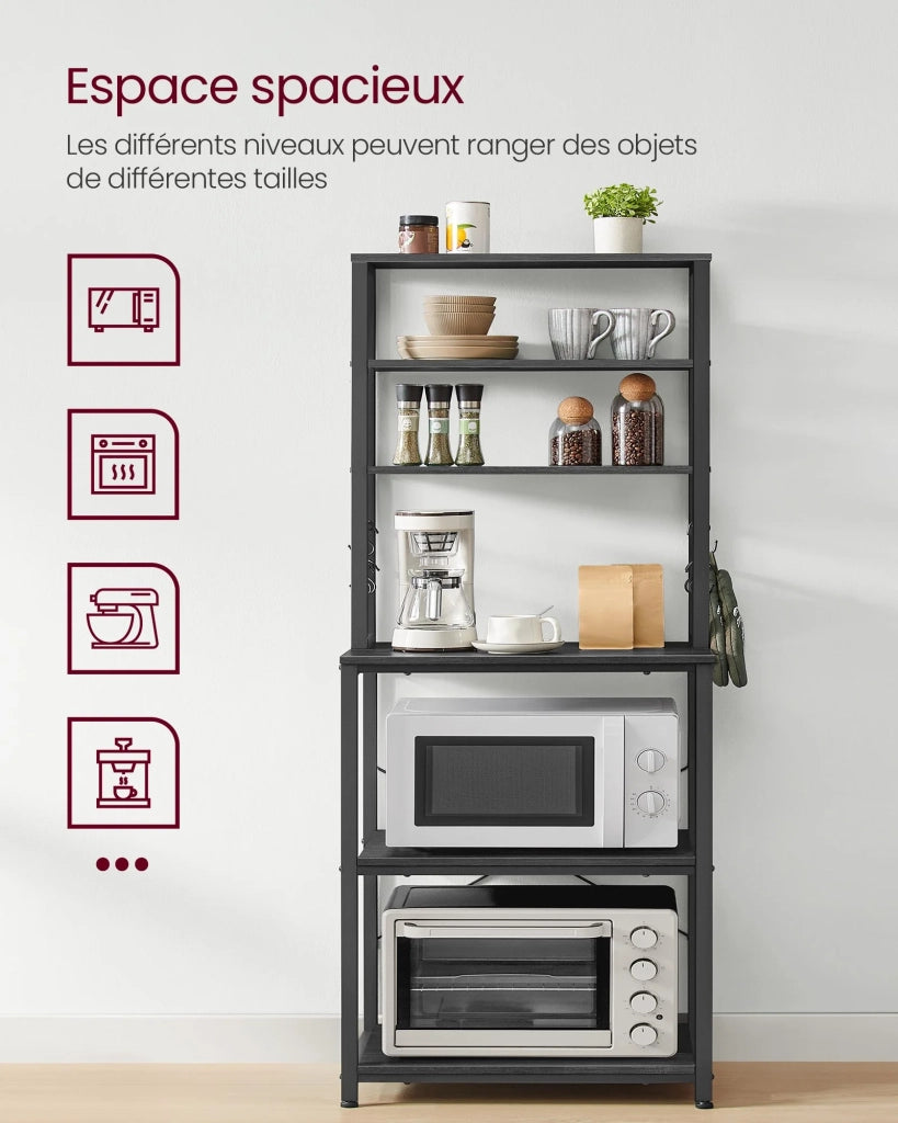 Scaffale da cucina con ripiani portaoggetti 6 ganci struttura in metallo per utensili forno a microonde stile industriale 80 x 40 x 167 cm grigio 12_0005648