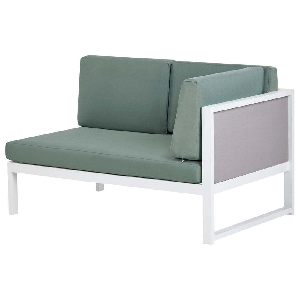 Set da salotto da giardino con tavolino bianco in alluminio bianco con cuscini verdi e tavolino stile moderno esterno