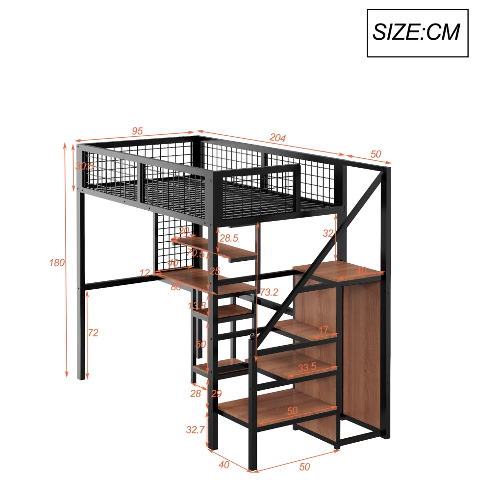 Letto a soppalco 90x200 cm con scrivania; armadio e scala di sicurezza nero