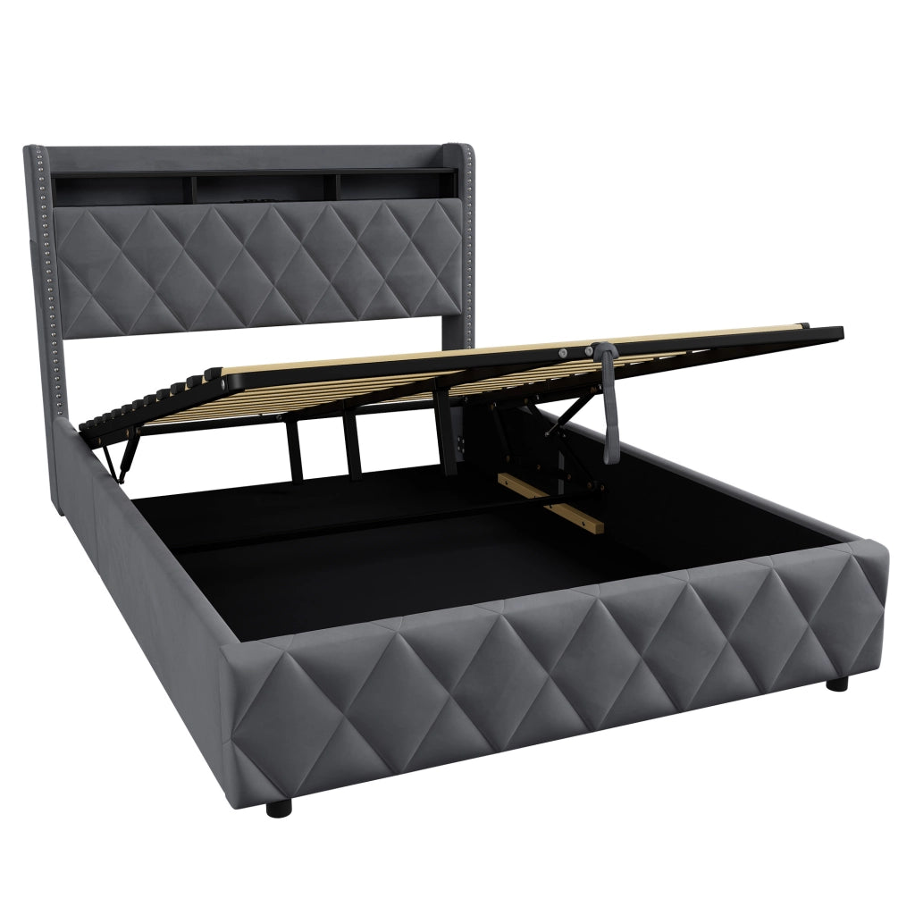 Letto imbottito 140x200 cm grigio scuro in velluto con contenitore, LED e porte USB
