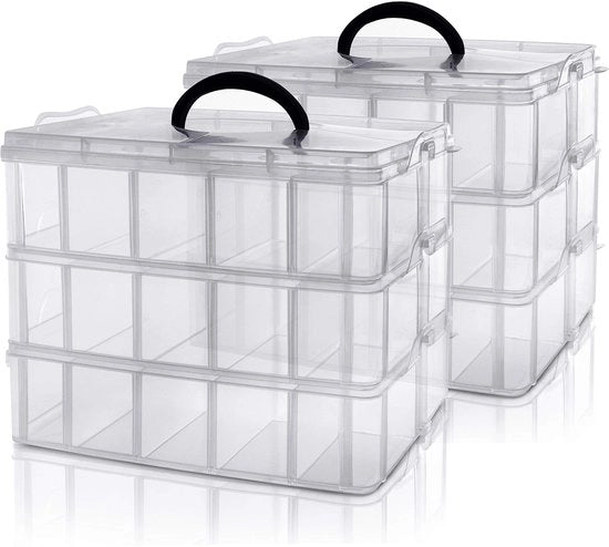 Cassetta di archiviazione in plastica trasparente con 3 viti, con 30 compartimenti regolabili