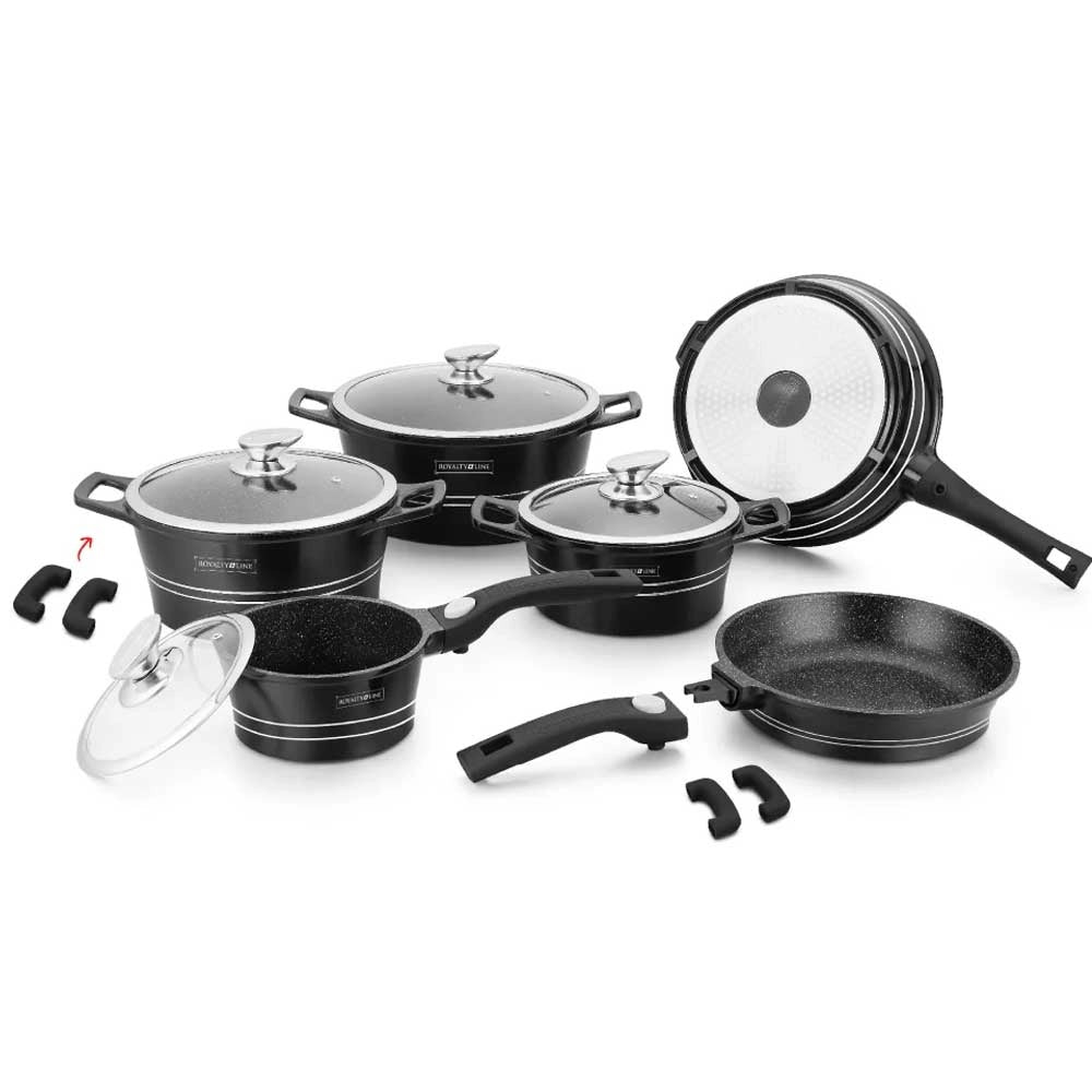 Set di Batterie Pentole e Padelle 14 Pz Antiaderente In Pietra RL-ES2014M Black