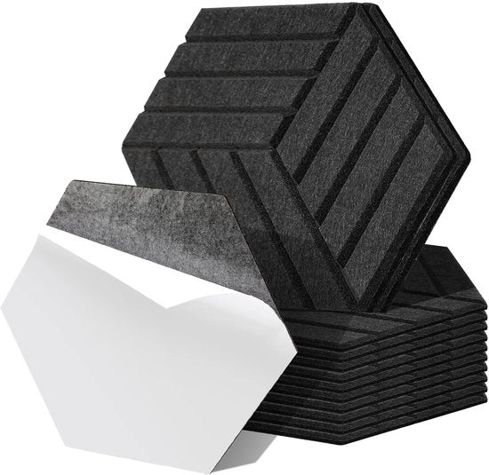 12 pezzi di pannelli acustici a forma di hexagono con striscia, isolamento acustico autoadesivo, panno di velluto per parete, nero