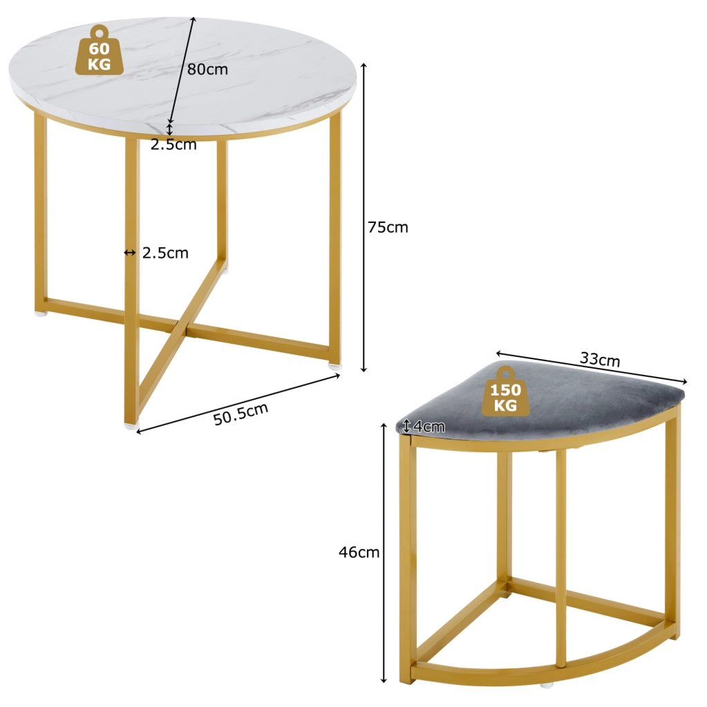 Set tavolo da pranzo rotondo 80 cm con 4 sedie bianco e grigio