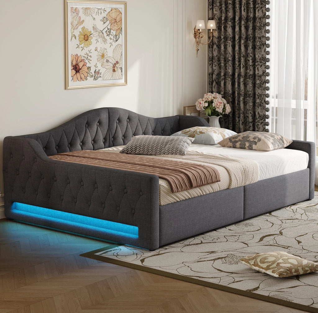 Divano letto 140x200 cm con LED e contenitore; imbottito; grigio