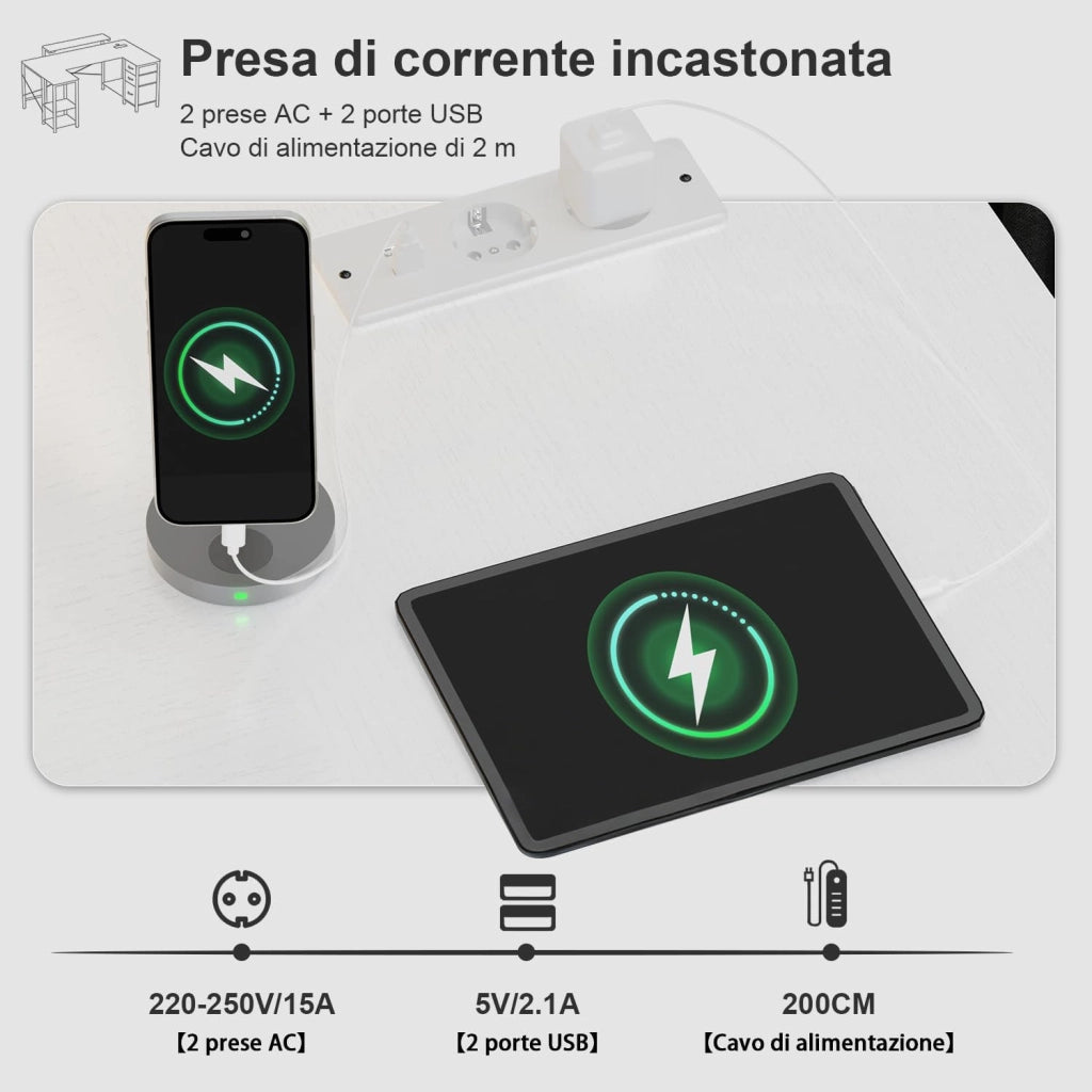 Scrivania Angolare 170x95 cm, Tavolo A L Da Gioco con 3 Cassetti, Illuminazione LED, Supporto Monitor, 2 Prese + 2 USB, Adatta per Ufficio/Studio, Ideale per Camere, Bianca