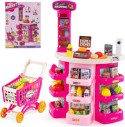 Cassa Gioco Supermercato per Bambini, Supermercato Giocattolo con Carrello della Spesa, Registratore di Cassa, Scanner, Luci e Suoni, Gioco di Ruolo con 29 Accessori (Rosa)