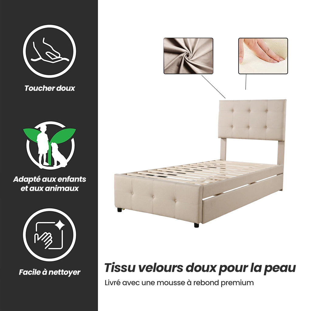 Letto imbottito singolo 90×200 cm estraibile con testiera regolabile; rete; senza materasso; lino; beige