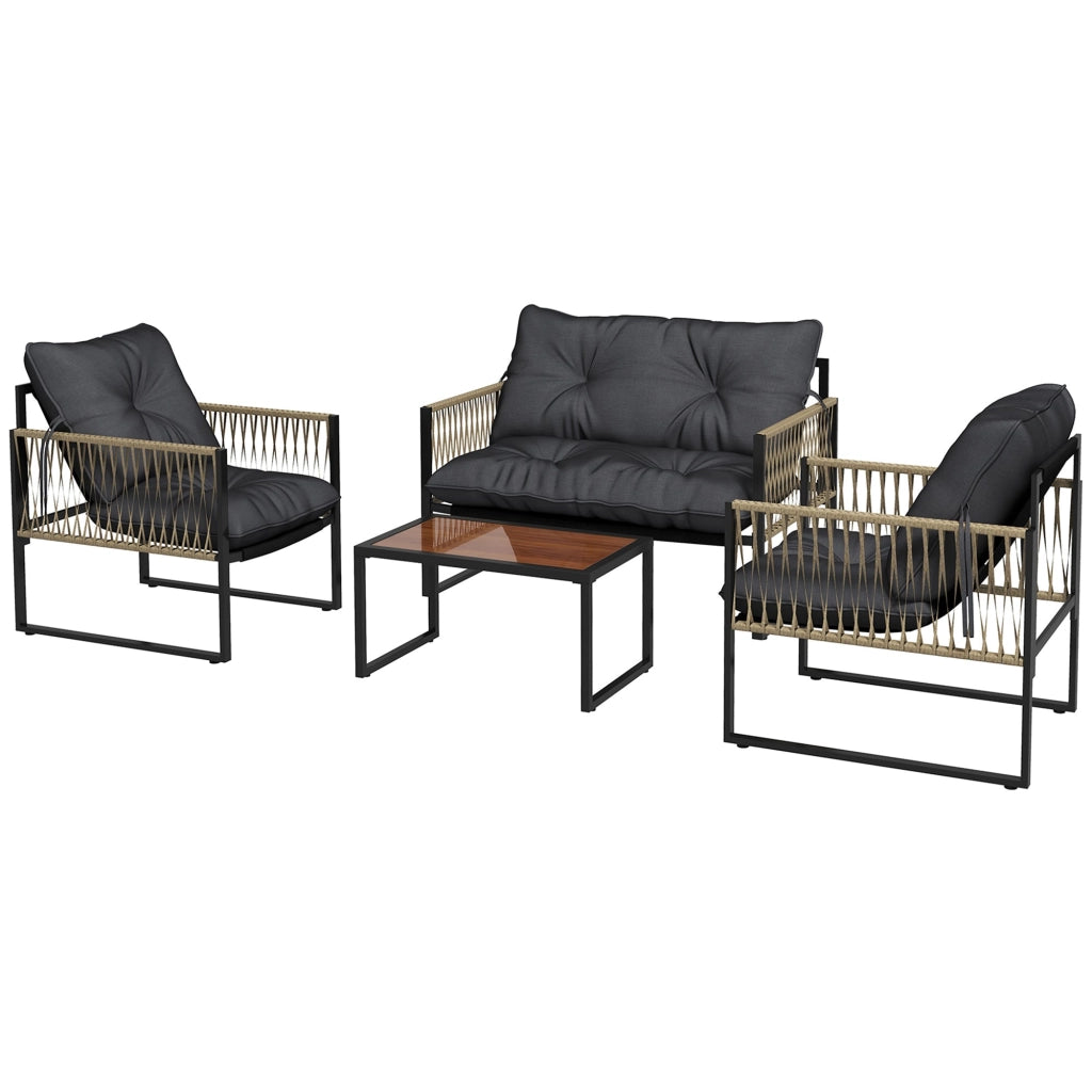 Set Salotto da Giardino Divano 2 Poltrone e Tavolino in Acciaio Poliestere e Rattan Grigio e Marrone