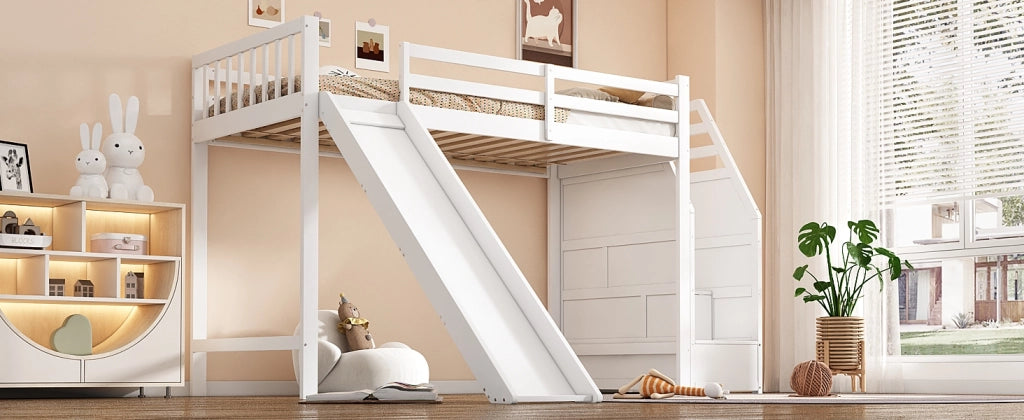 Letto a castello bianco in pino con scivolo e scala portante 90x200 cm