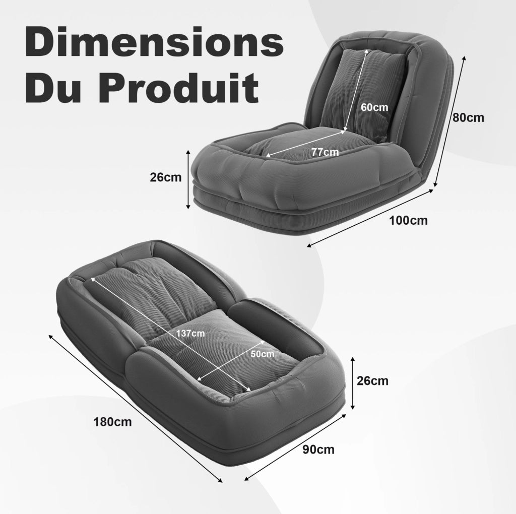 Sofa letto pieghevole ergonomico regolabile a 5 posizioni; 80x22x87 cm; grigio