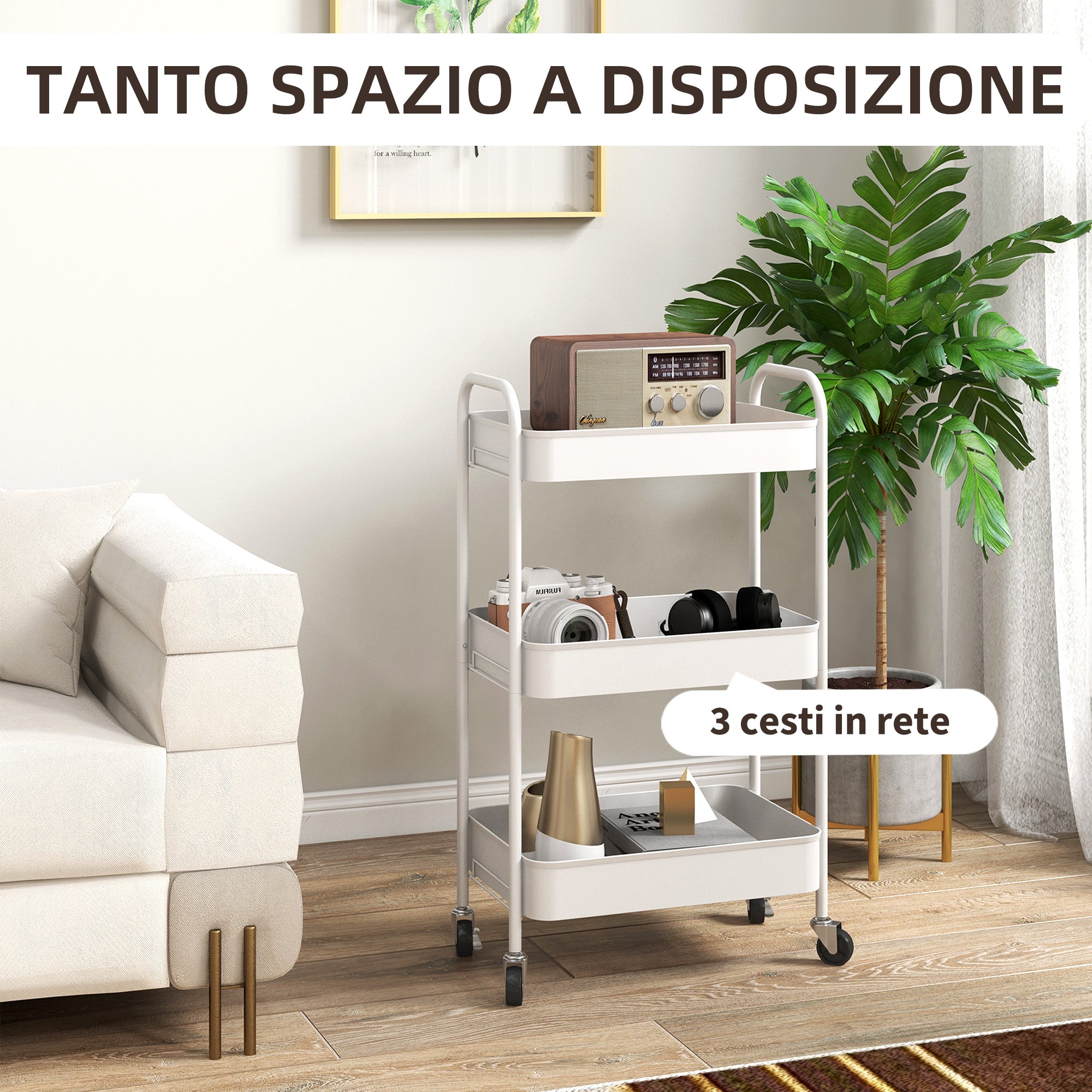 Carrello da Cucina a 3 Livelli con Maniglie e 4 Rotelle 45x30,6x79 cm in Acciaio Bianco