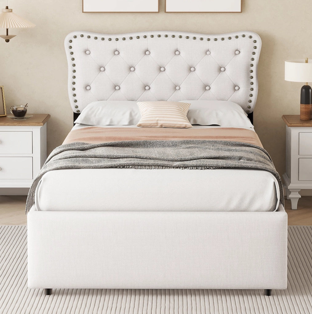 Letto imbottito 90x200 cm con cassetti; bottoni decorativi; MDF; beige chiaro