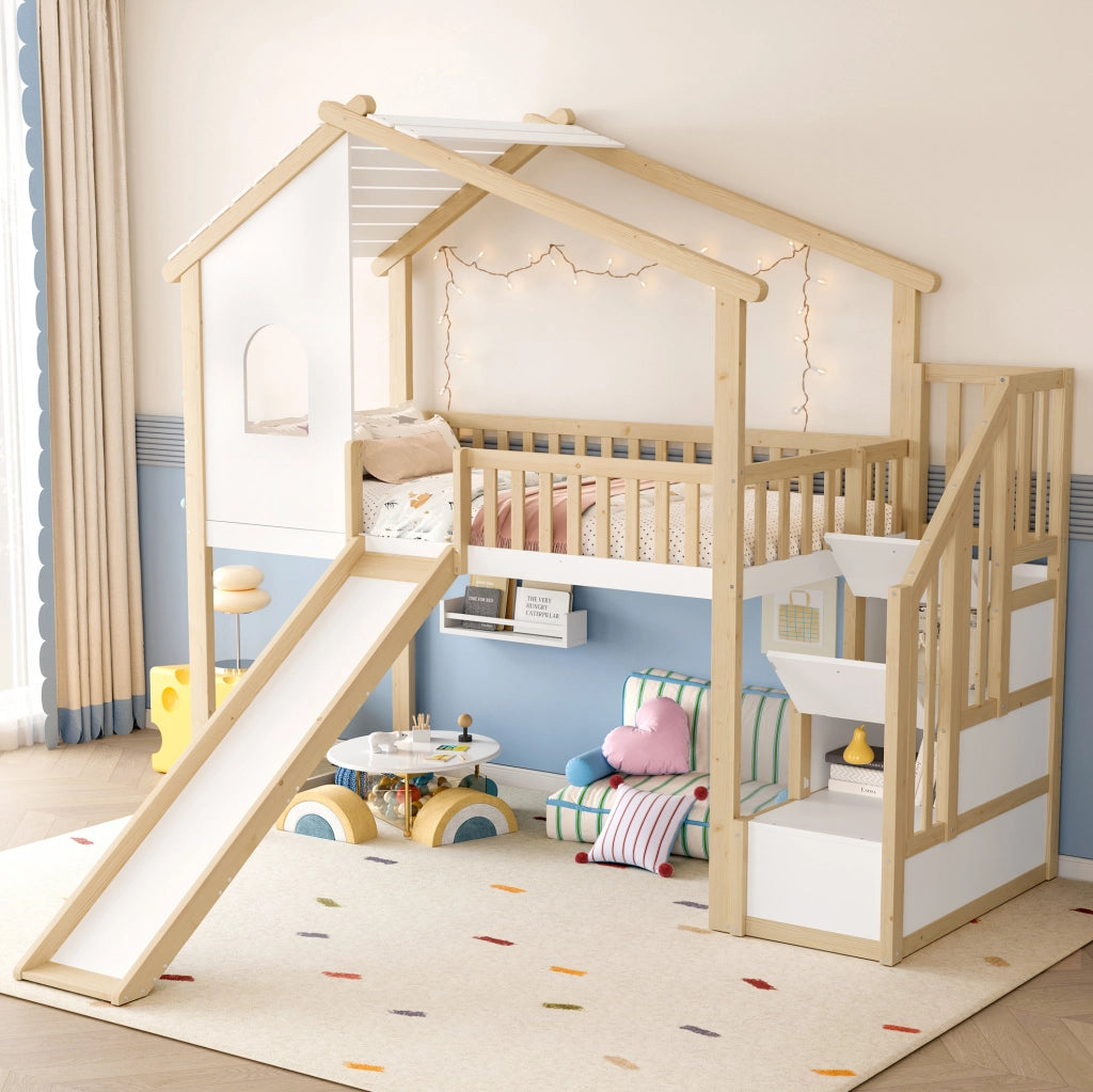 Letto a soppalco per bambini 90x200 cm con scivolo