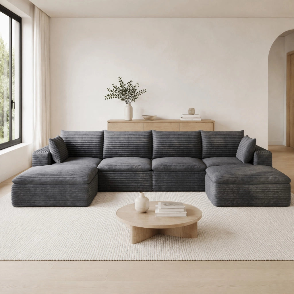 Divano modulare in tessuto grigio scuro con imbottitura in schiuma e design componibile