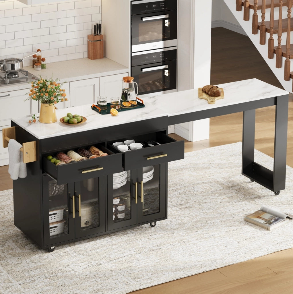 Isola da cucina mobile allungabile con piano bar; 132;5-217 x 50 x 93 cm; nero