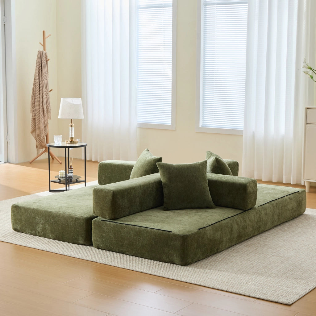 Divano modulare in ciniglia verde con tasche laterali e base antiscivolo 198 × 79 × 60 cm