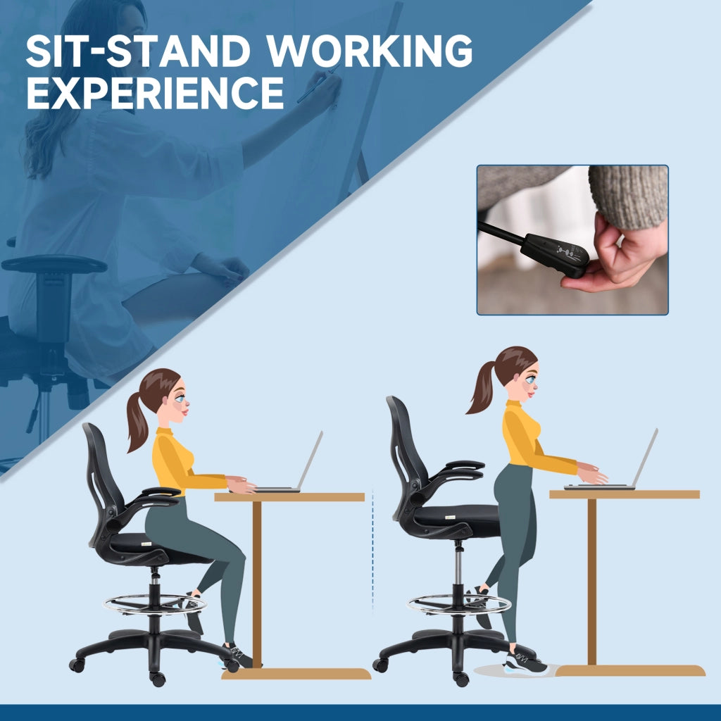 EasyComfort Sedia da Ufficio Ergonomica in Tessuto con Altezza Regolabile Poltrona moderno con Braccioli Ribaltabili, Bianca e Nera