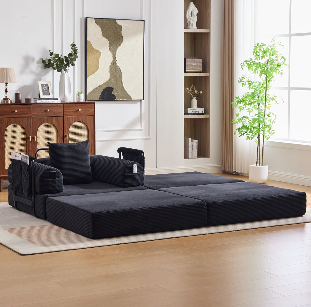 Divano modulare con pouf e tasca laterale; 112x190x67 cm; velluto a coste nero