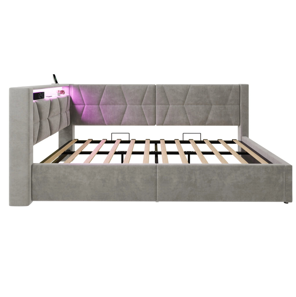 Letto imbottito 90x200 cm con contenitore, LED, USB e Type-C