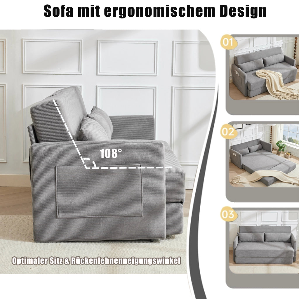 Divano letto 2 posti pieghevole 2 in 1 con tasche e due cuscini lombari salvaspazio in velluto a coste grigio