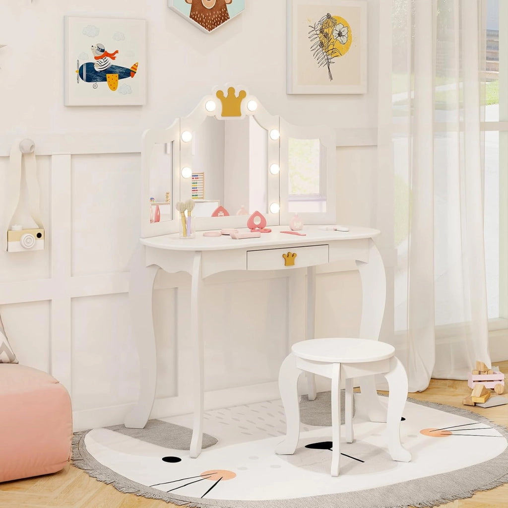 Set Toeletta Trucco per Bambina con Sgabello, Tavolo Trucco Triplo Specchio Staccabile con Luci LED a 3 Colori, Postazione Trucco con Cassetto e Accessori, per Bambine 3-7 Anni (Bianco)