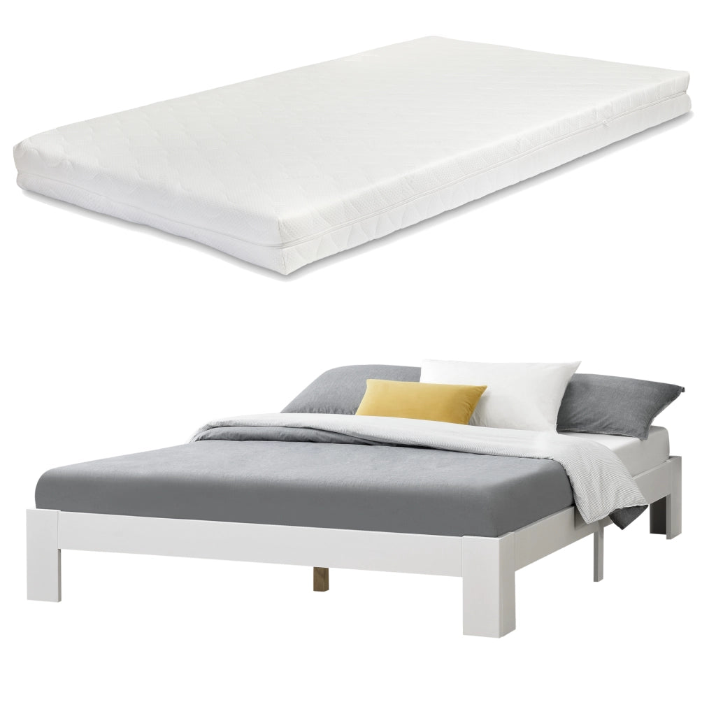 Letto in Legno di Pino con Materasso a Schiuma Fredda 140 x 200 cm Letto Francese in Design Minimal - Bianco