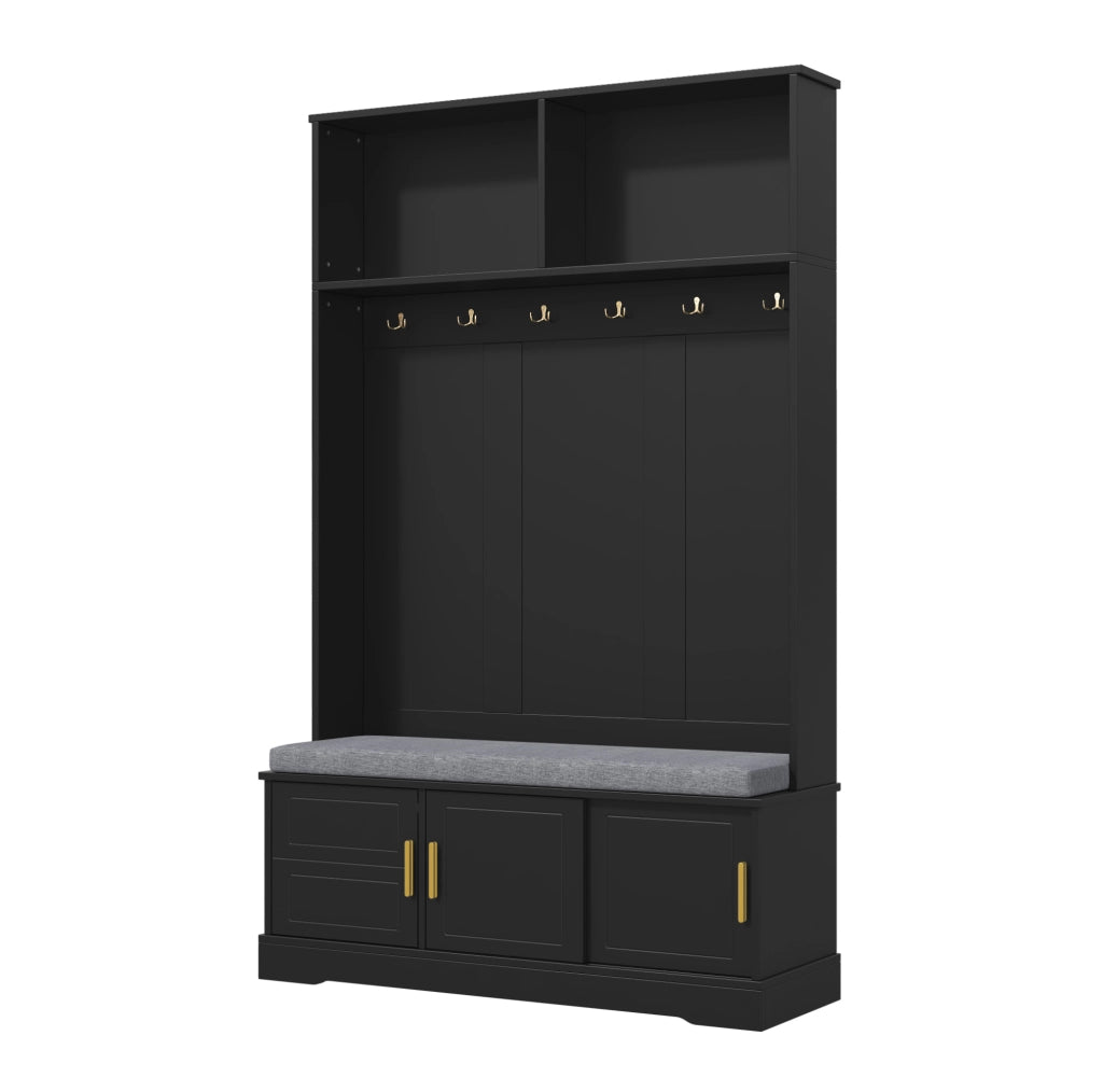 Appendiabiti da ingresso con panca e scarpiera; 6 ganci; nero; 120x40x191 cm