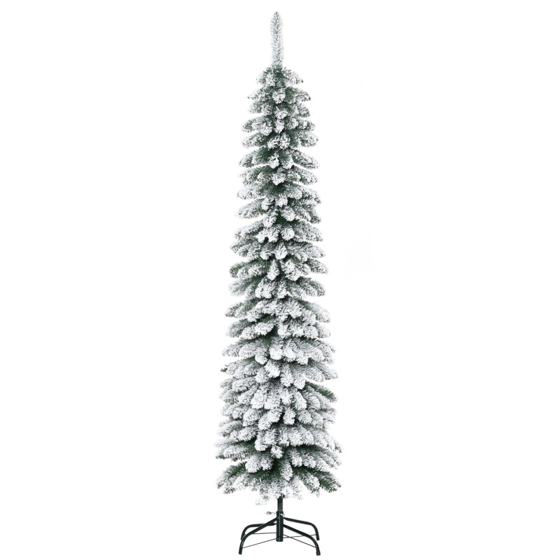 Albero di Natale artificiale, innevato, dal design sottile, ignifugo, 180 cm, verde/bianco