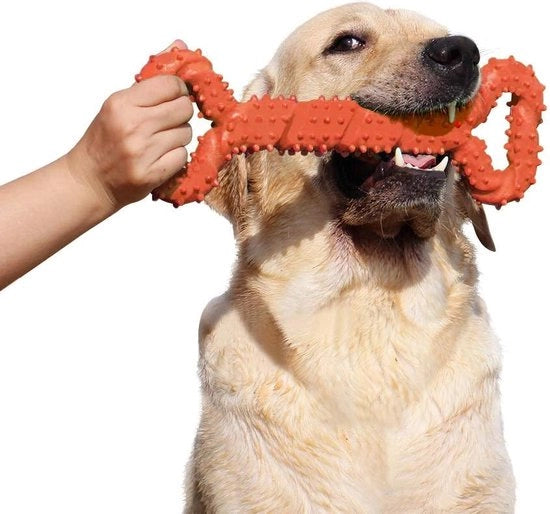 Giocattolo per cani robusto 33 cm con forma di osso, giocattolo da mordere in gomma dura con design convesso, giocattolo interattivo forte per cani grandi e piccoli, per pulire i denti e massaggiare la gengiva.