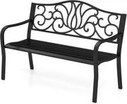 Panca da Esterno in Metallo, Panchina da Giardino 2-3 Posti, con Schienale Decorato a Motivo Floreale e Seduta a Doghe, Panca Ergonomica da Terrazza, Parco, Cortile, Patio, Nero