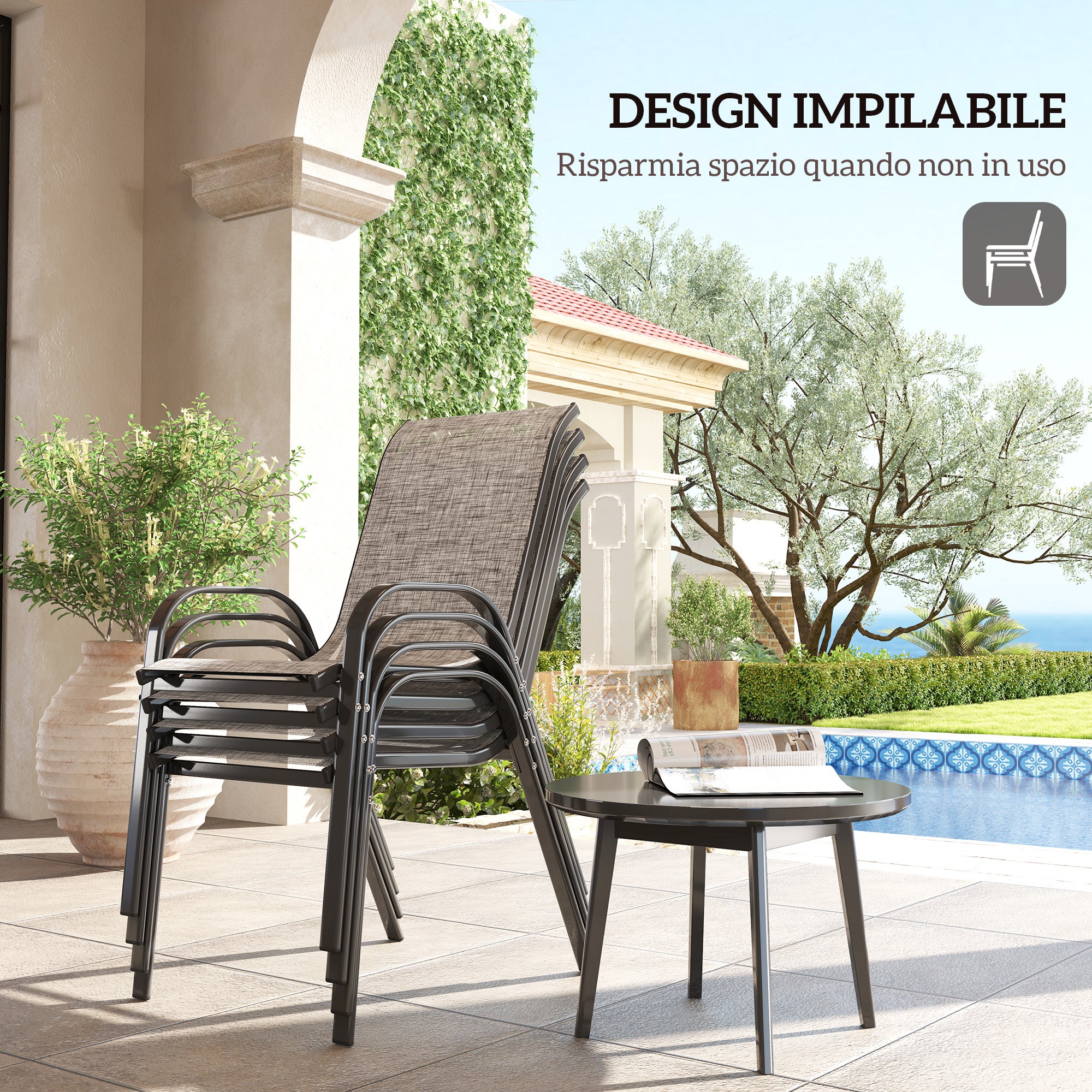 Set 4 Sedie da Giardino 54x71x93 cm Impilabili con Braccioli Curvi in Acciaio e Tessuto Traspirante Grigio