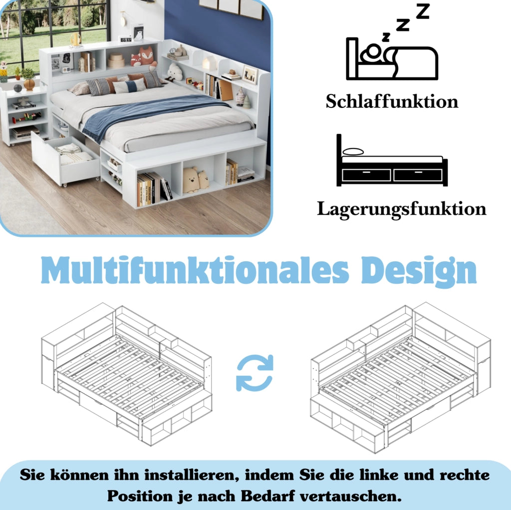 Letto singolo multifunzionale 140x200 cm con contenitori e rete a doghe; in legno multistrato bianco