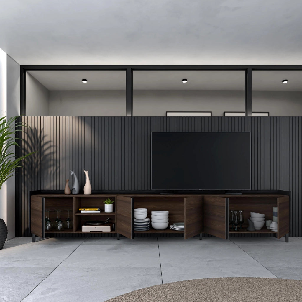 Mobile TV Soggiorno, 309x61x35 cm, Per TV fino a 80", Design industriale, Rovere scuro e Nero