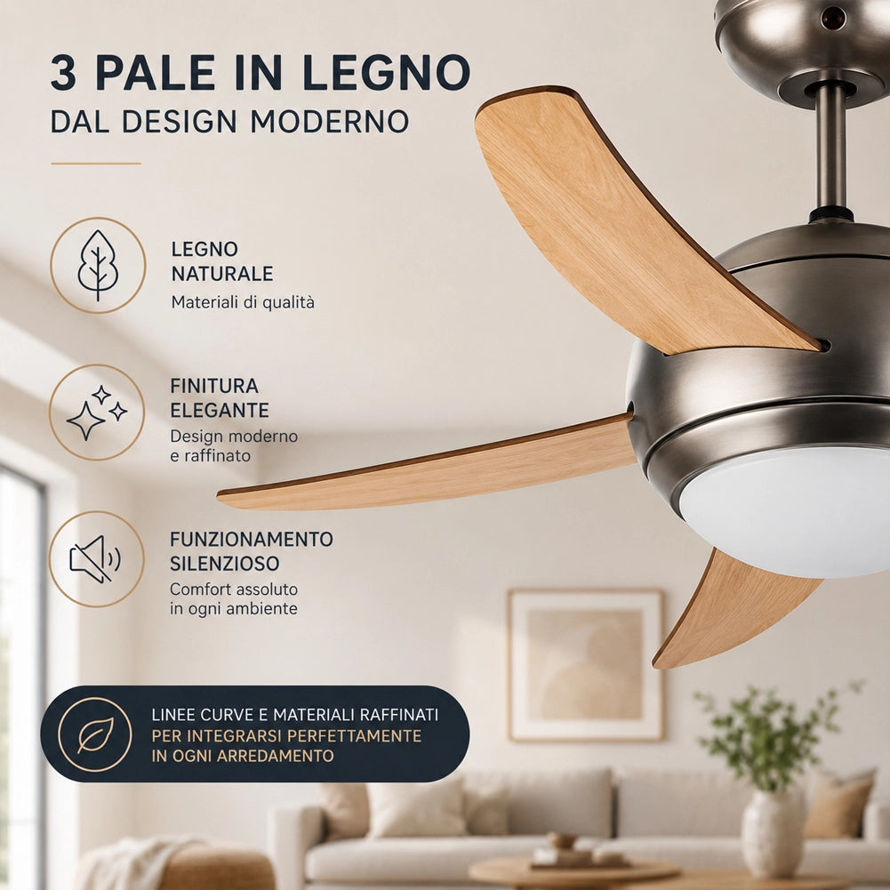Ventilatore da Soffitto 5 Pale Legno con Lampada e Telecomando Diametro 120cm