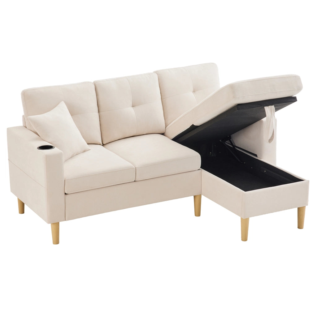 Divano angolare a L con chaise longue; contenitore e portabicchieri; 175x129x90 cm; beige