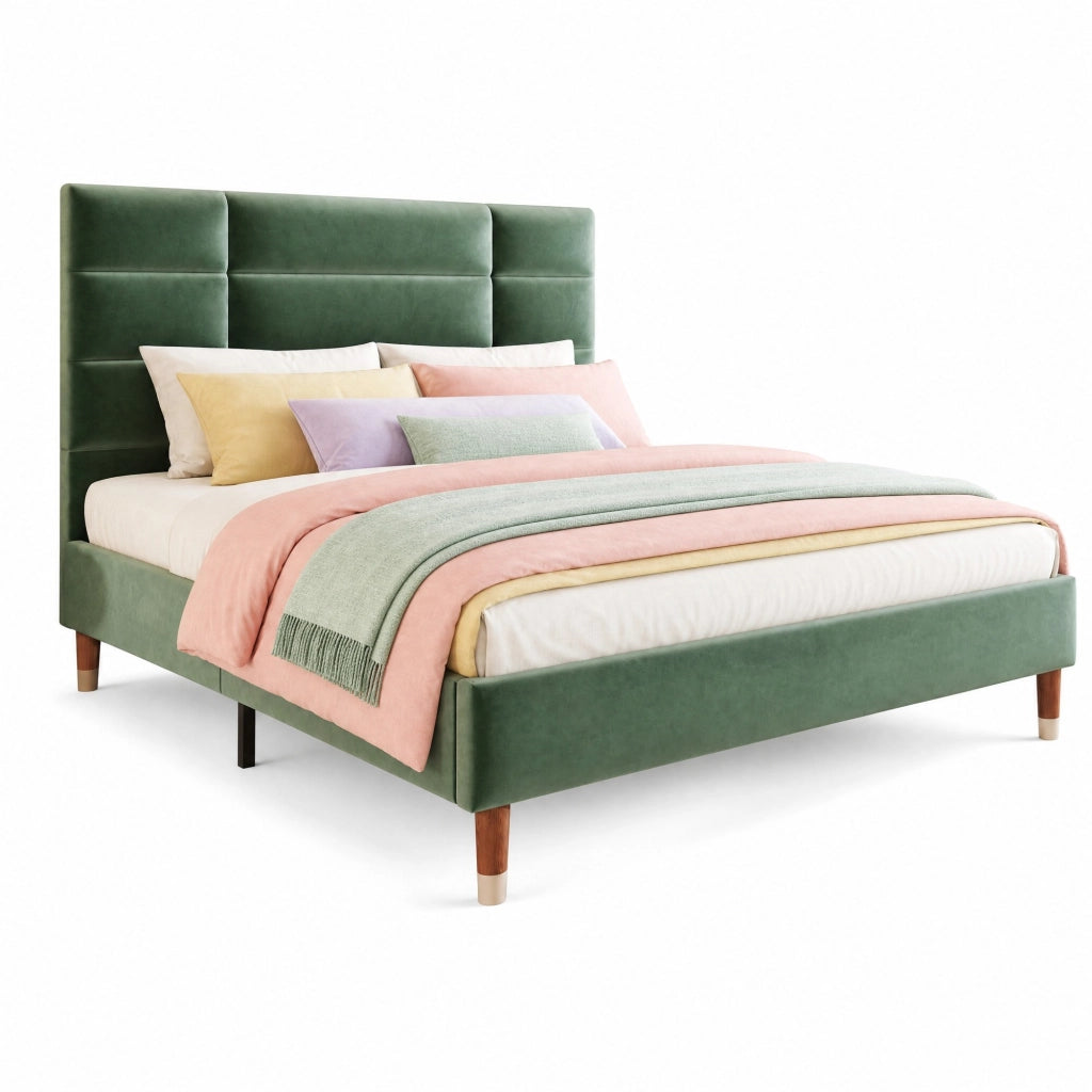 Letto matrimoniale imbottito 140x200 cm in velluto verde con rete a doghe e contenitore sottoletto
