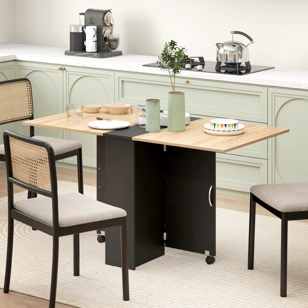 Tavolo Pieghevole Consolle per 4-6 persone con Ruote e Ripiani. 140x75x74cm. Rovere e Nero