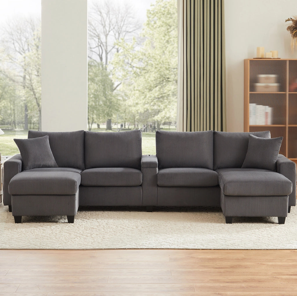 Divano a U in velluto a coste grigio con 2 pouf contenitore; LED; USB e Type-C HOMVRA