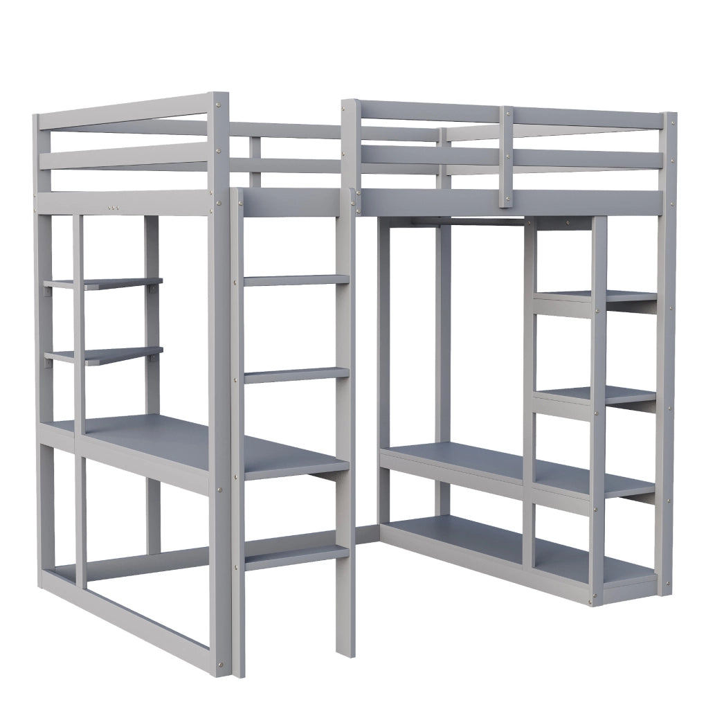 Letto a soppalco 140x200 cm in legno grigio con scrivania; armadio e ripiani