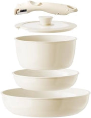 Set di Cucina in Ceramica con Manico Removibile, Pannini Antiaderenti, Senza Substanze Pericolose, PFAS, PTFE e PFOA, Resistenti a Lavastoviglie e Forno (Bianco)