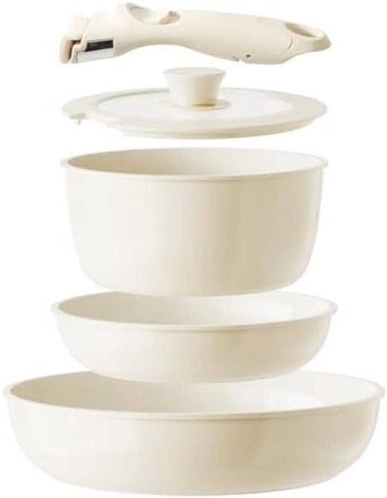Set di Cucina in Ceramica con Manico Removibile, Pannini Antiaderenti, Senza Substanze Pericolose, PFAS, PTFE e PFOA, Resistenti a Lavastoviglie e Forno (Bianco)