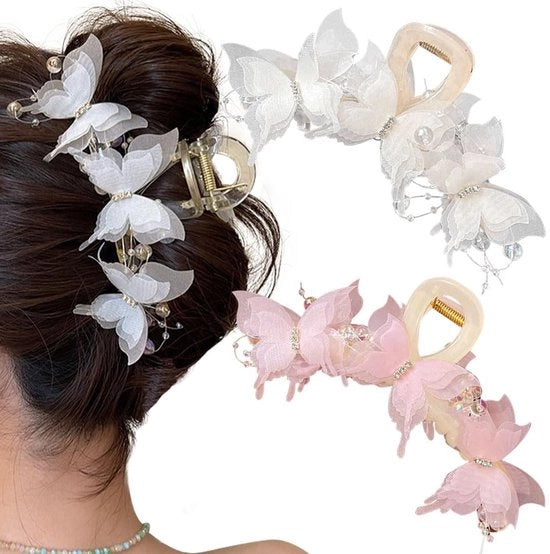 Due pezzi di clip per capelli a forma di farfalla con perle e strass – clip per capelli grandi in stile – adatti per capelli fini e grossi