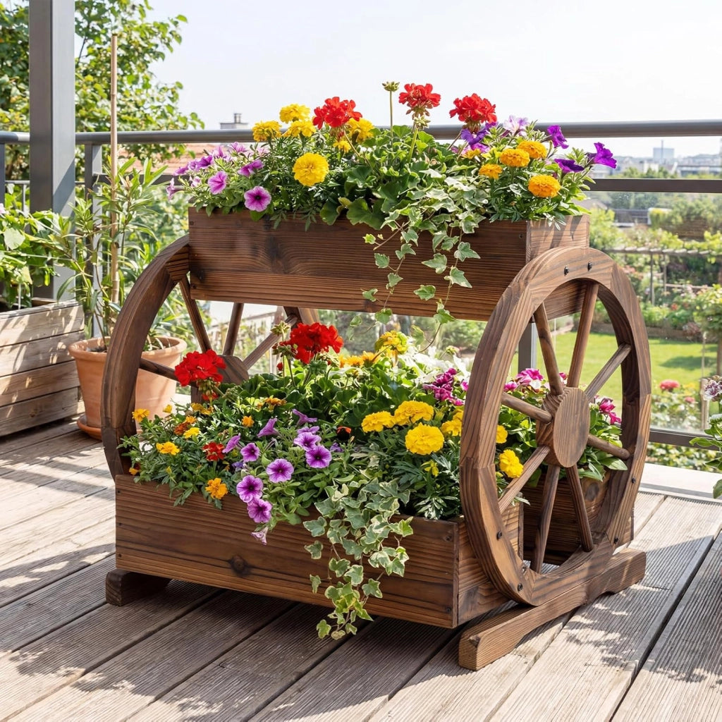 Fioriera a Carro in Legno, Letto da Giardino Rialzato a 2 Livelli con 3 Scatole, Fori di Drenaggio e Ruote, Carrello Decorativo per Fiori da Interno ed Esterno per Patio e Balcone