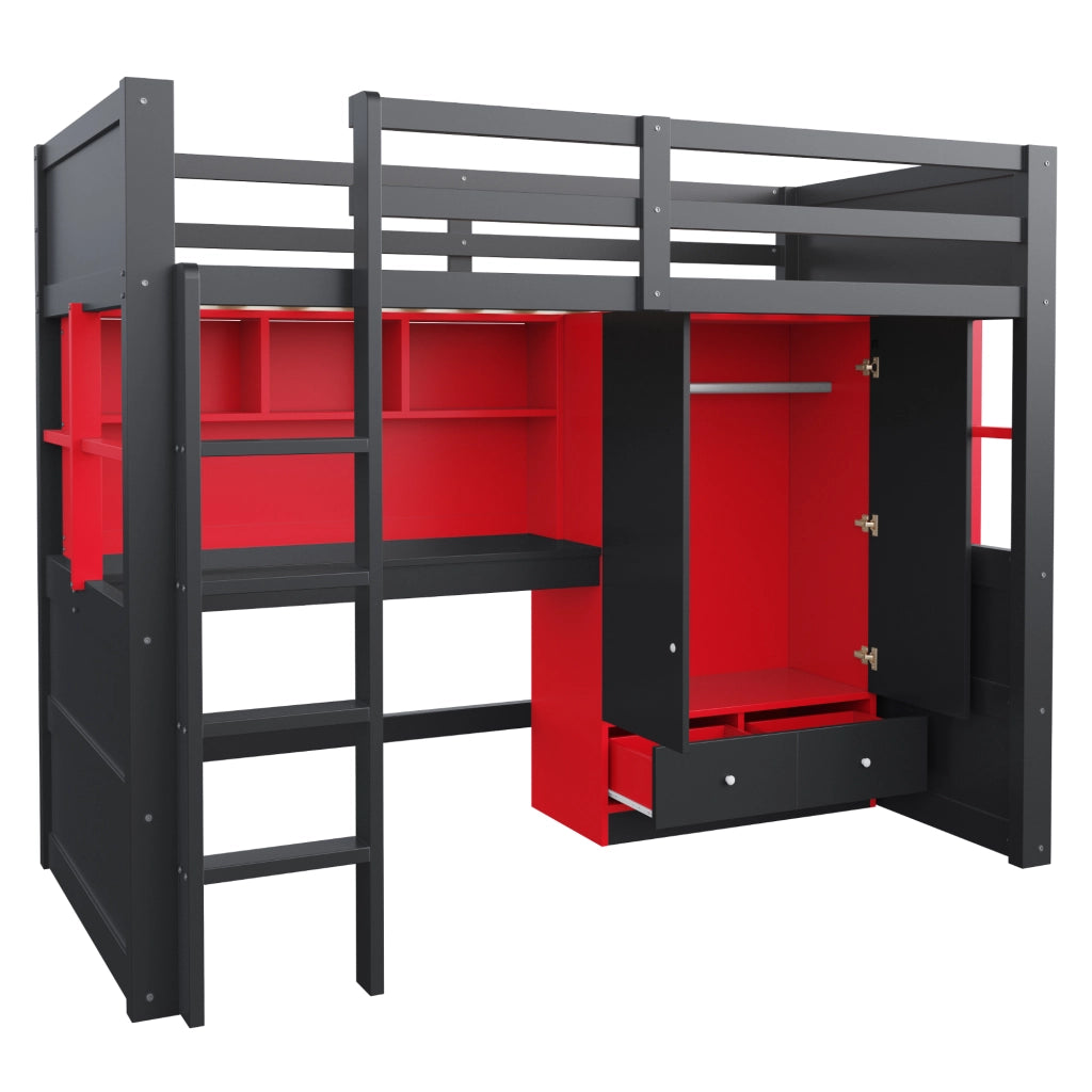 LETTO A CASTELLO ALTO 90x200 cm Nero/Rosso con scrivania e armadio