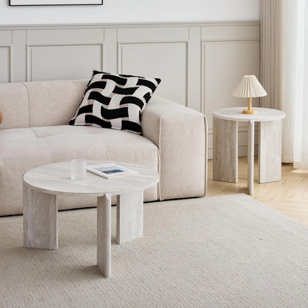 GrandCA HOME Set di Tavolini da Caffè da 2 Pezzi, Tavolino Moderno Nordico a Tre Gambe, Materiale MDF, per Soggiorno, Camera da Letto (Travertino Grigio)
