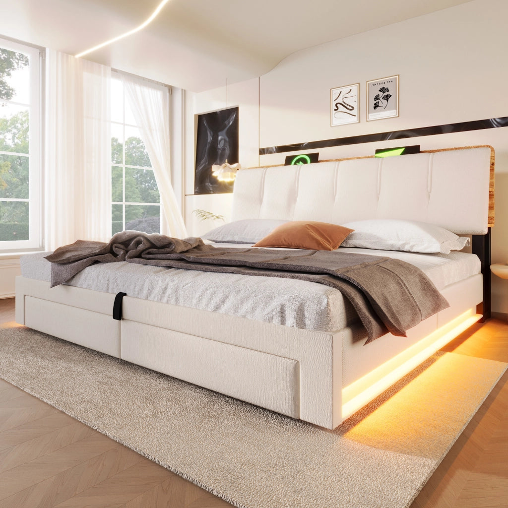 Letto Contenitore 180x200 cm; Matrimoniale - USB; Type-C; LED e Mensole - in Lino - Beige