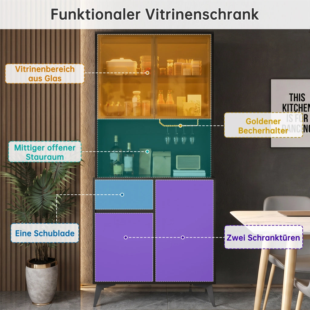 Credenza alta con 2 ante in vetro, LED da app, 1 cassetto e 2 vani, per cucina e soggiorno, MDF, nero e bianco