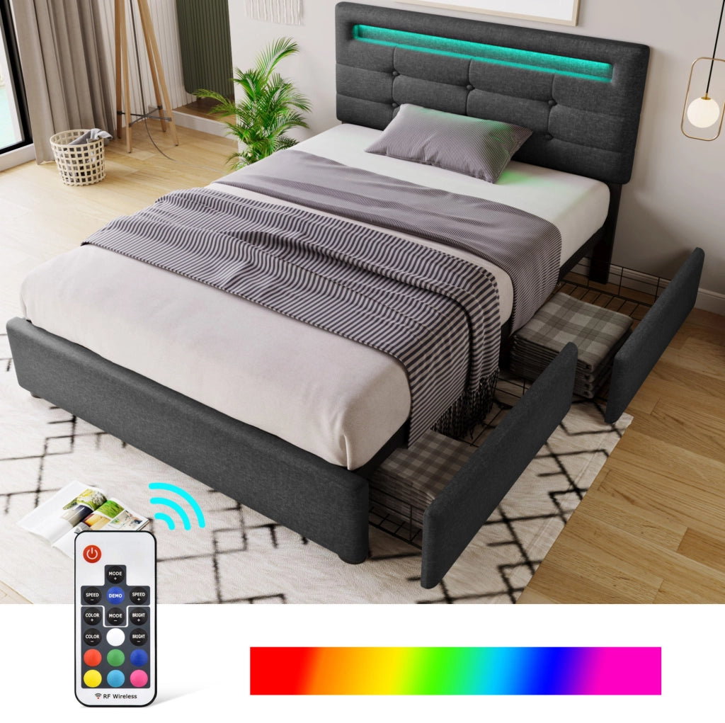 Letto singolo 90x200 cm con LED e 2 cassetti; testiera regolabile; tessuto in lino grigio